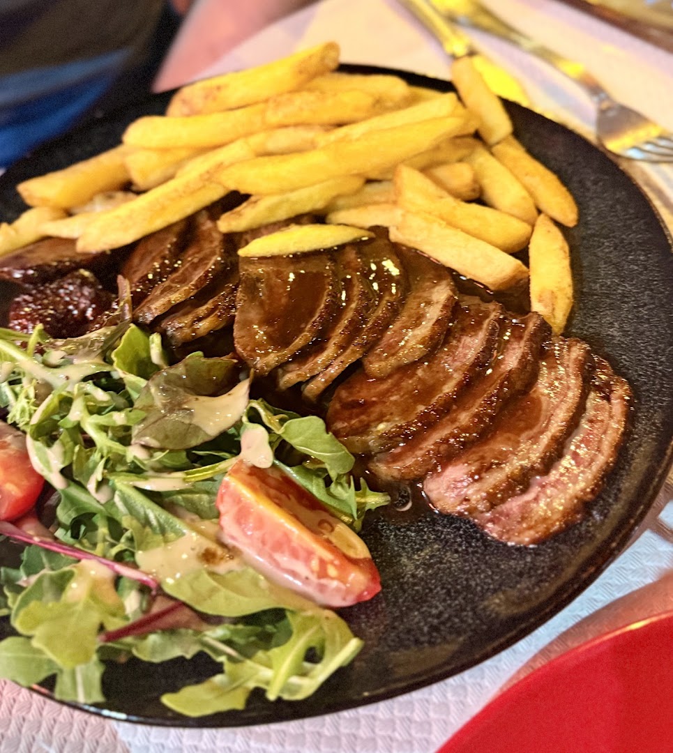 Sliced duck breast with fries and salad